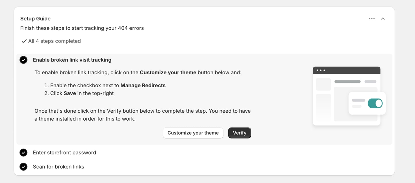 Shopify setup guide card showing a three-step onboarding flow