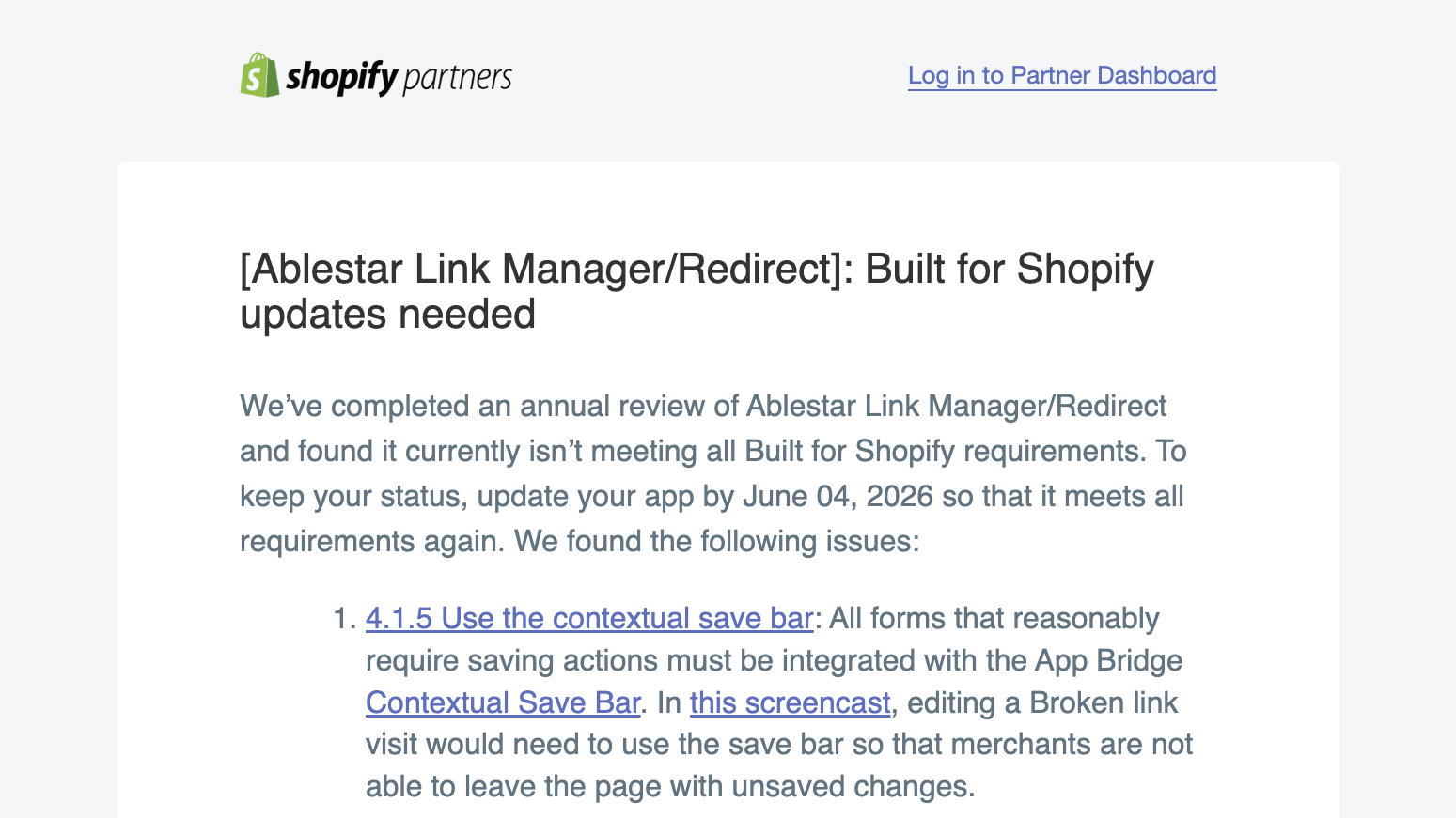 Email from Shopify requesting updates for BFS